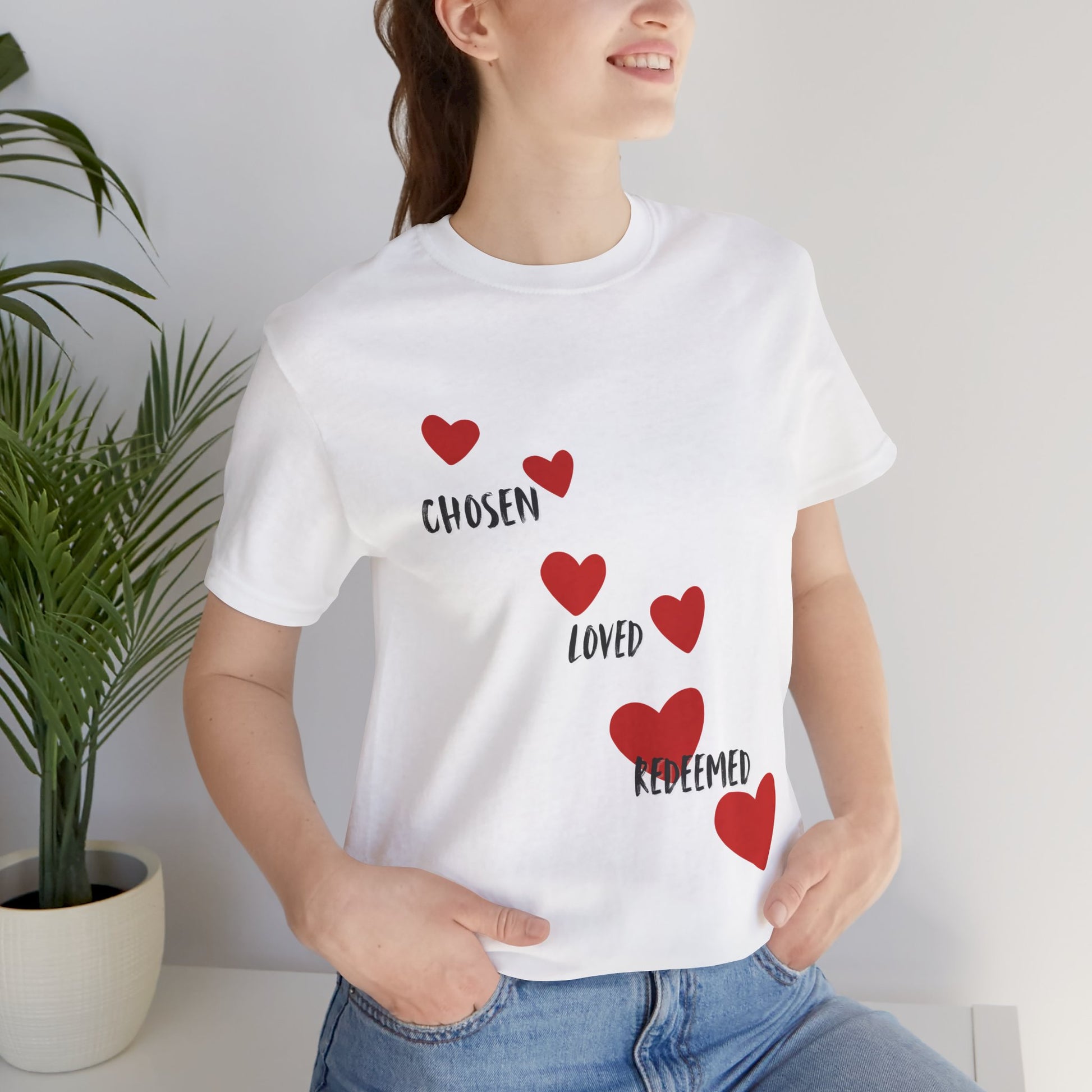 Chosen loved redeemed Christian t-shirt, identity in Christ faith apparel, inspirational shirt