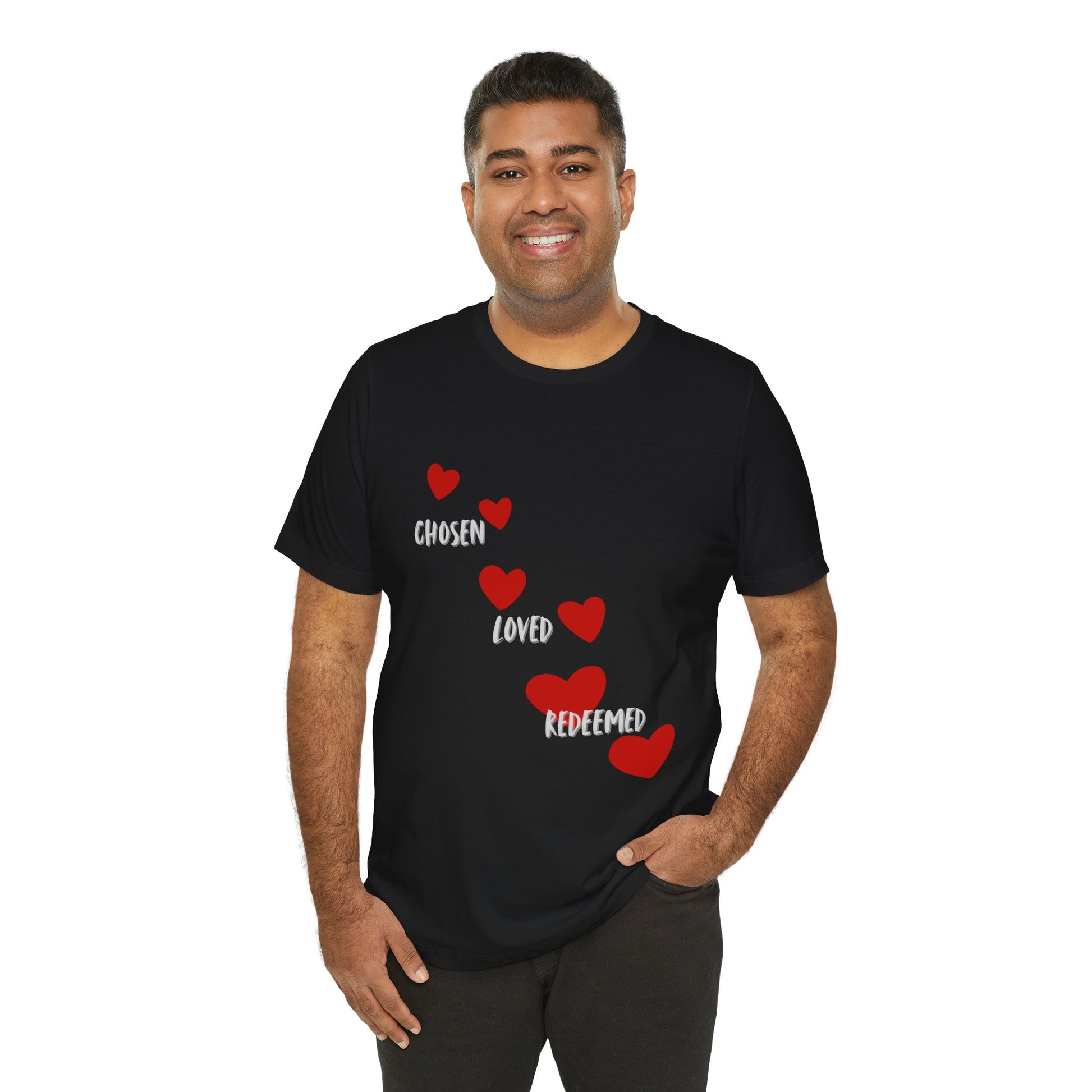 Chosen loved redeemed Christian t-shirt, identity in Christ faith apparel, inspirational shirt